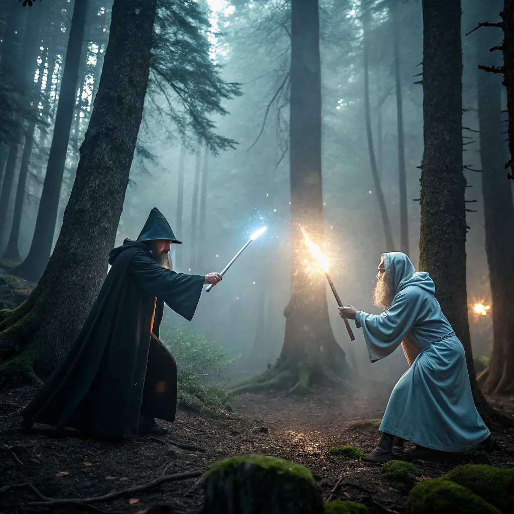 Wizard duel in enchanted forest